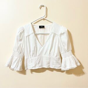 White Cotton Blend V-neck Puff Half Sleeve Cropped Blouse